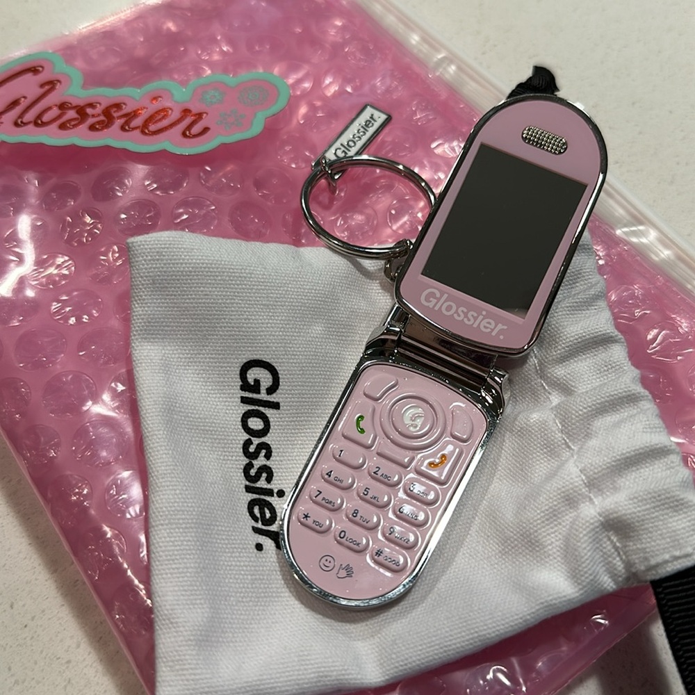Glossier Flip Phone Key Chain w Bubble Bag & Sticker (4pc set) - Picture 3 of 7